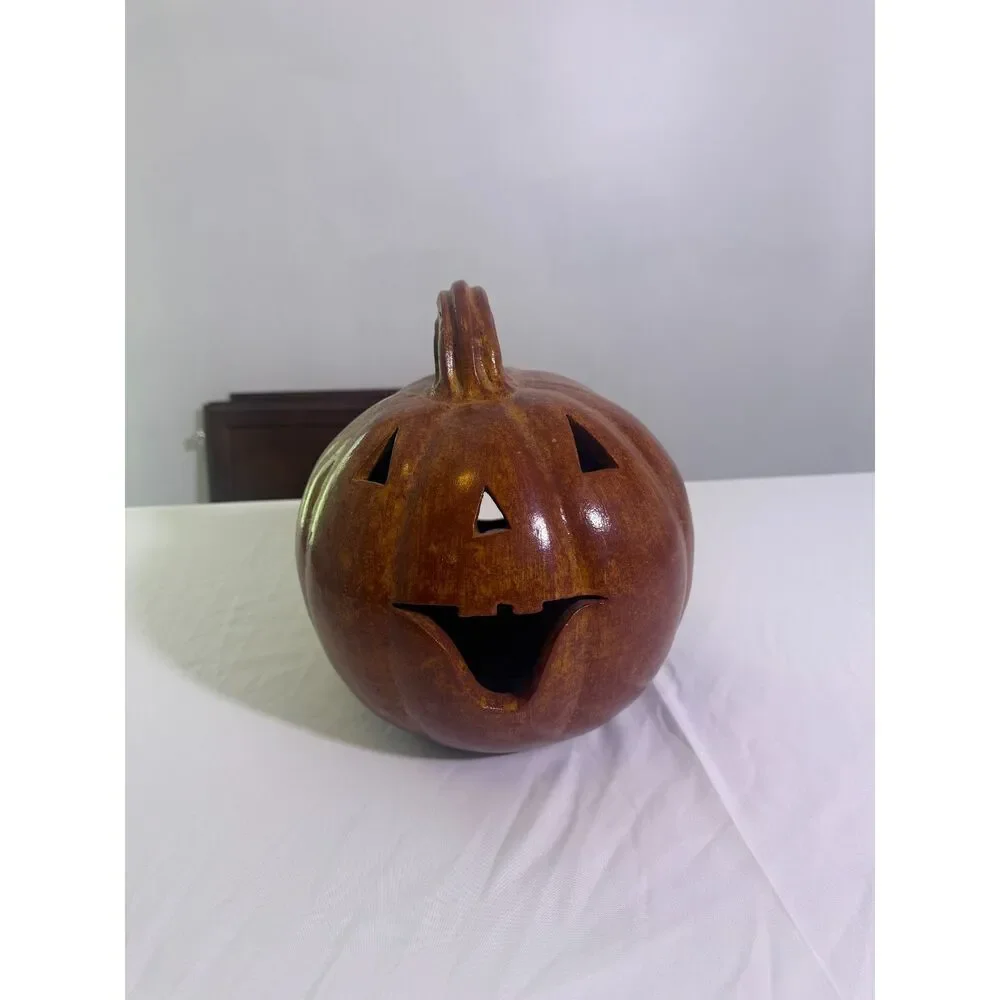 Large Ceramic Jack-O'-Lantern Pumpkin Candle Holder Halloween Decor | 6+ lbs